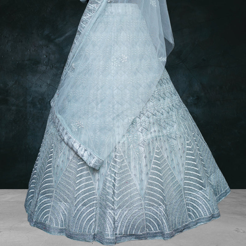 Beautiful Light Blue Embroided Lehenga - Swain couture