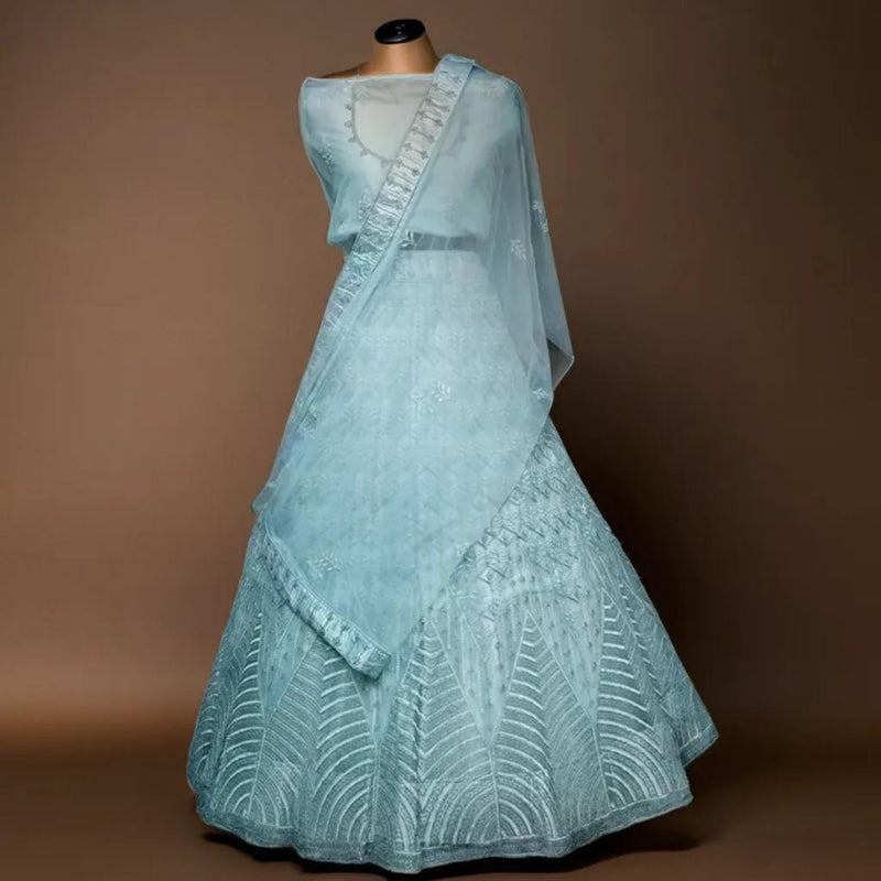 Beautiful Light Blue Embroided Lehenga - Swain couture