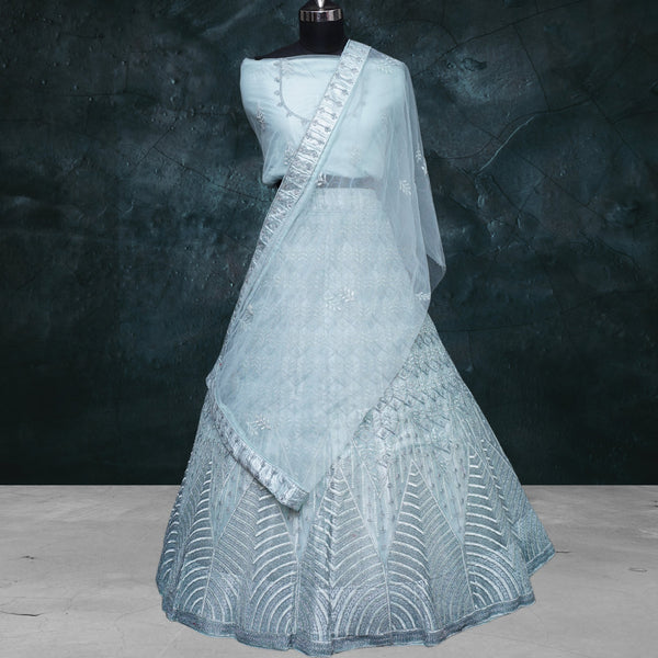 Beautiful Light Blue Embroided Lehenga - Swain couture