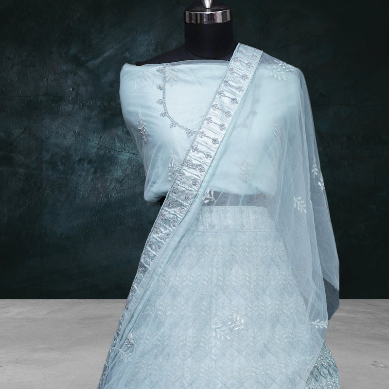 Beautiful Light Blue Embroided Lehenga - Swain couture