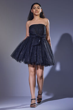 Black Shimmering Strapless Mini Prom Dress with Elegant Bow Belt - Swain couture