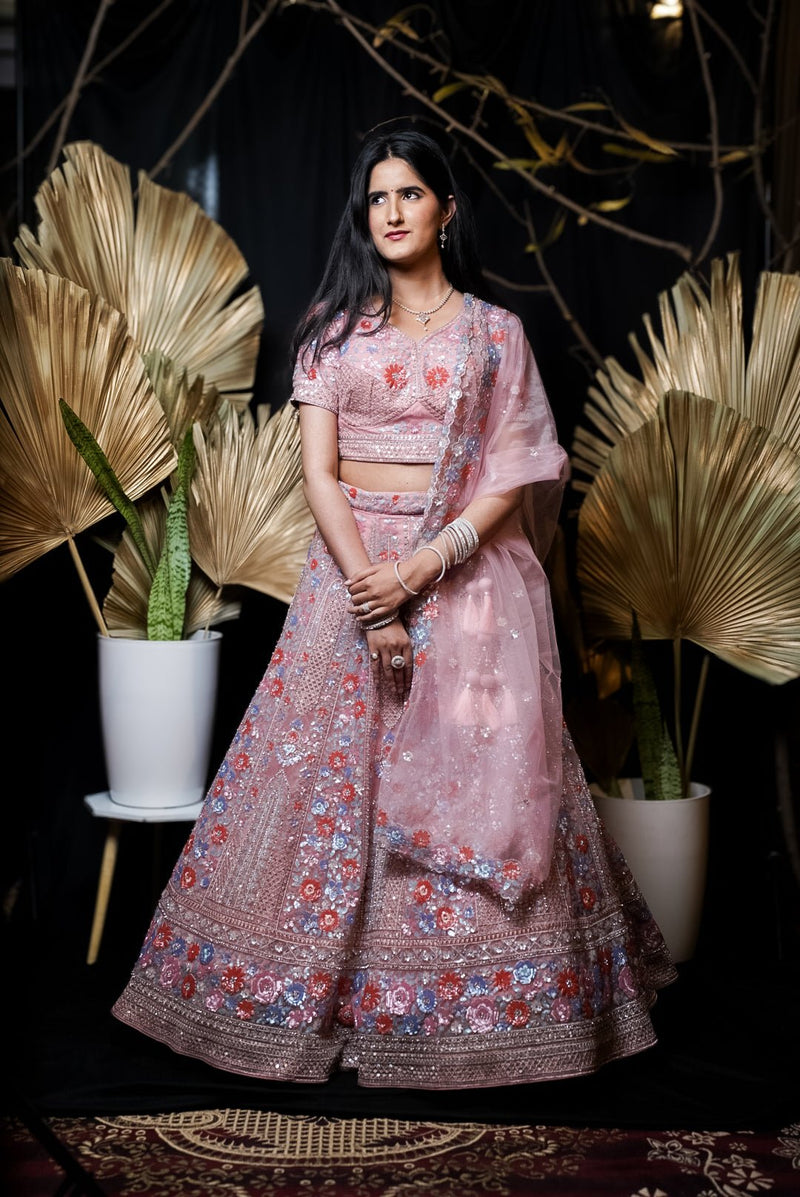 Blush Pink Polycarp and Net Lehenga Set with Heavy Embroidery and Sequins Work - Swain couture