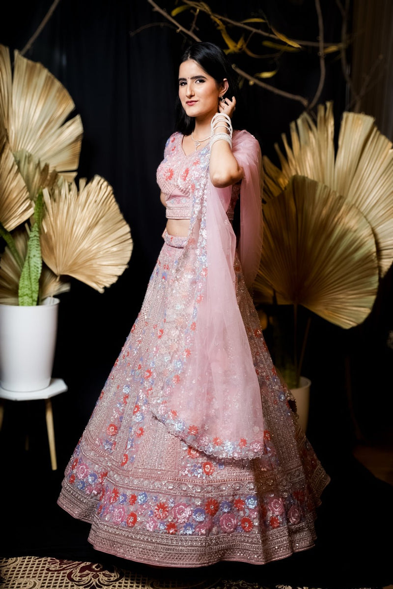 Blush Pink Polycarp and Net Lehenga Set with Heavy Embroidery and Sequins Work - Swain couture