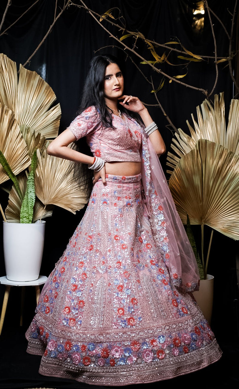 Blush Pink Polycarp and Net Lehenga Set with Heavy Embroidery and Sequins Work - Swain couture