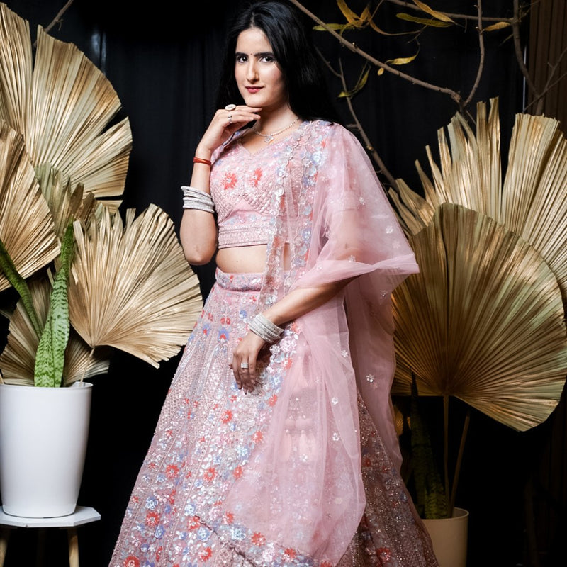 Blush Pink Polycarp and Net Lehenga Set with Heavy Embroidery and Sequins Work - Swain couture