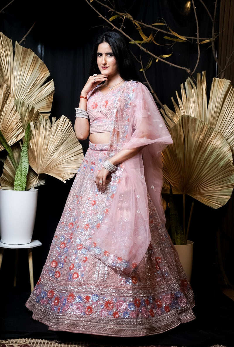 Blush Pink Polycarp and Net Lehenga Set with Heavy Embroidery and Sequins Work - Swain couture