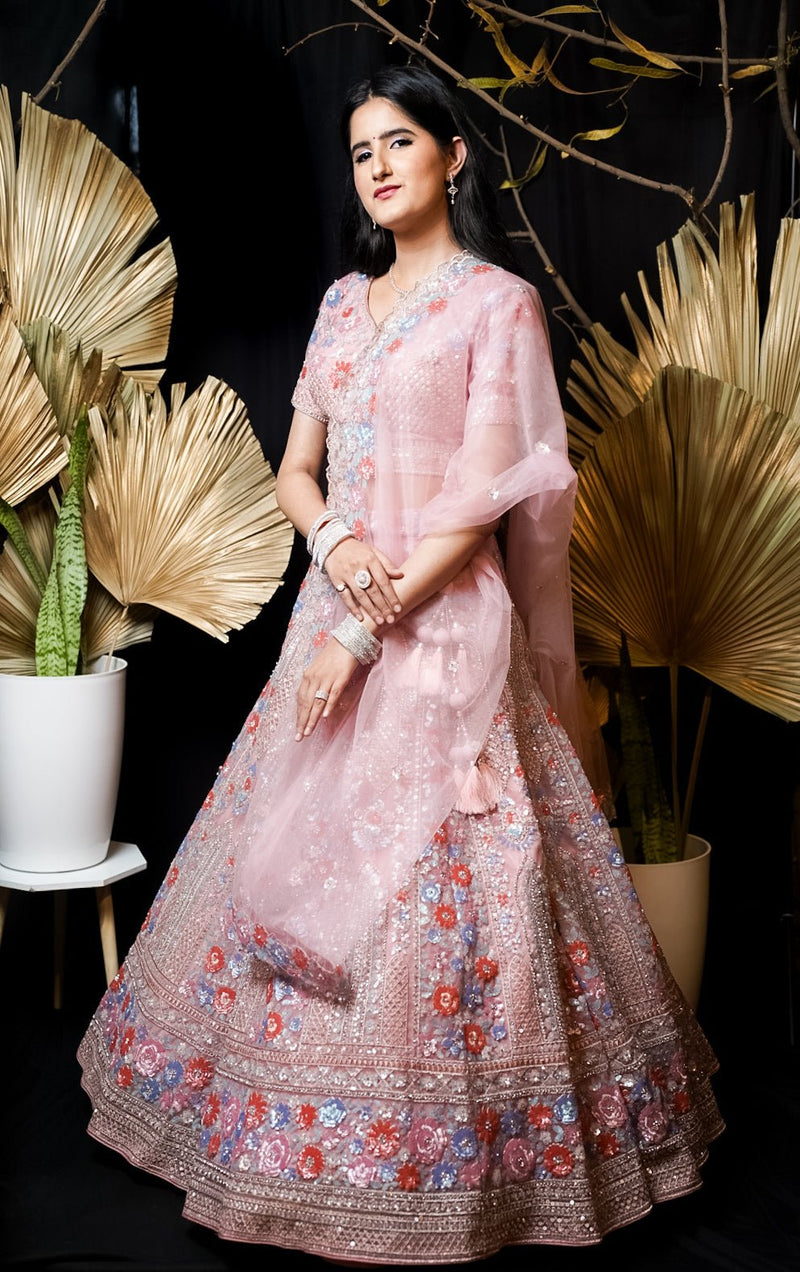 Blush Pink Polycarp and Net Lehenga Set with Heavy Embroidery and Sequins Work - Swain couture