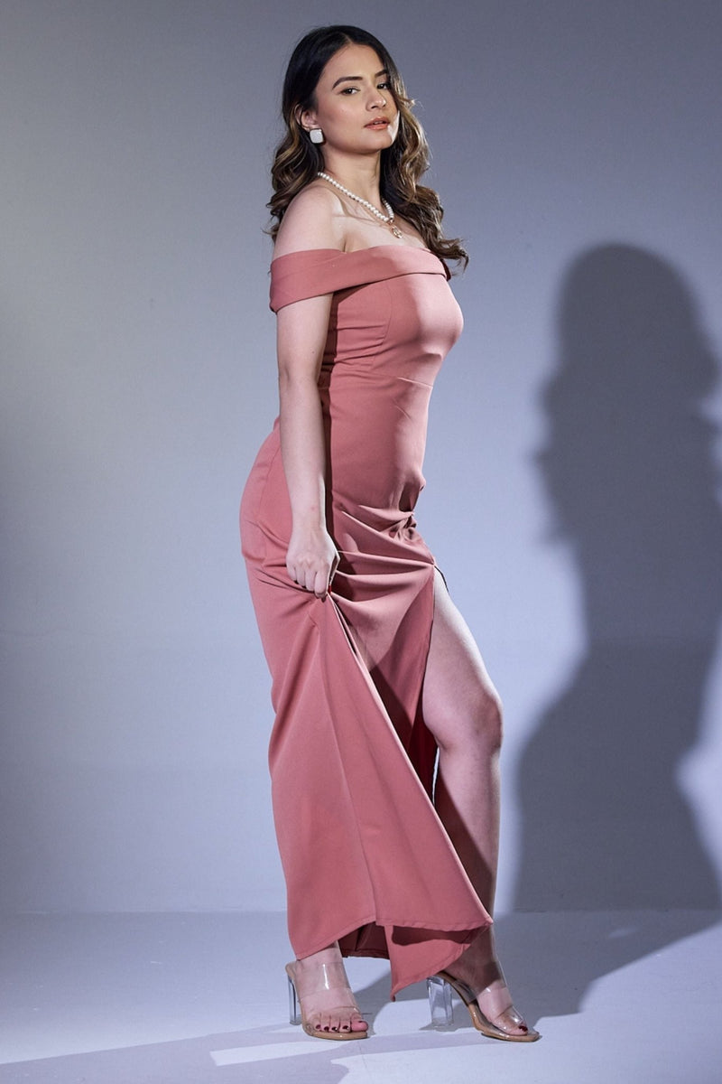 Classic: Rose Gold Off - Shoulder Bodycon Maxi Dress with a Flirty Slit - Swain couture