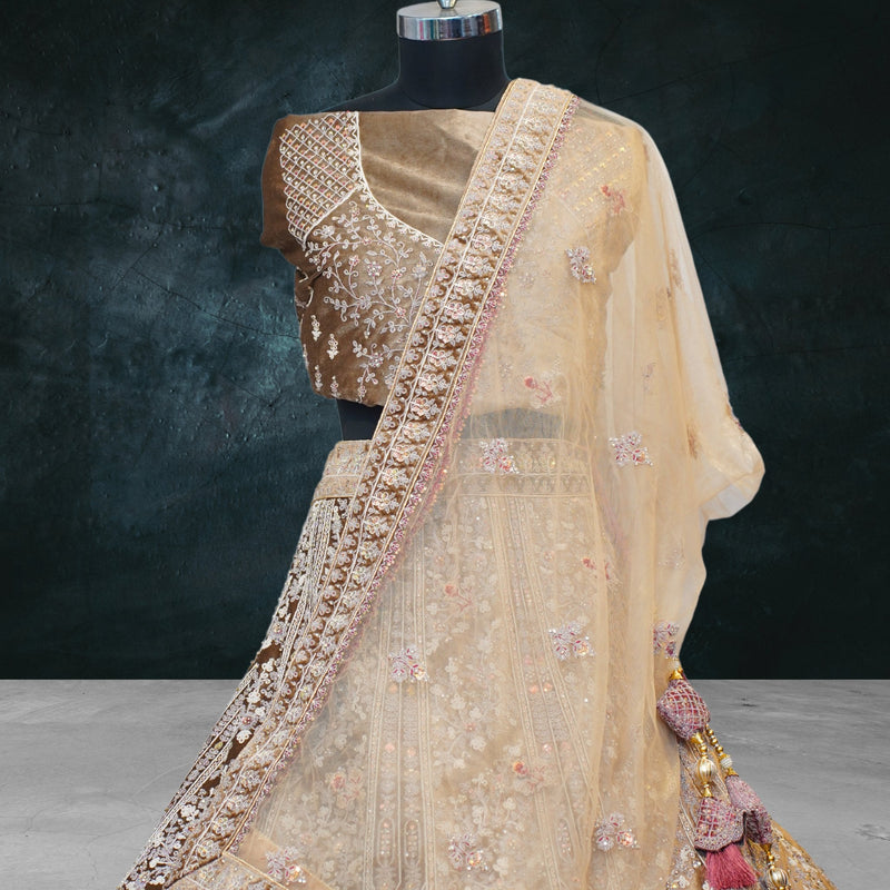 Gold Velvet Lehenga Set with Zari Embroidery - Swain couture