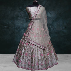 Grey Satin Lehenga Choli Set with Embroidery - Swain couture