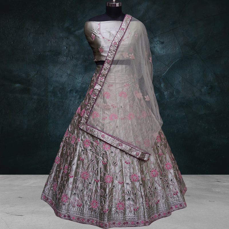 Grey Satin Lehenga Choli Set with Embroidery - Swain couture