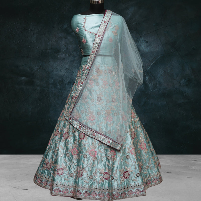 Grey Satin Lehenga Choli Set with Embroidery - Swain couture