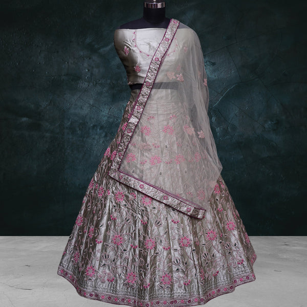 Grey Satin Lehenga Choli Set with Embroidery - Swain couture