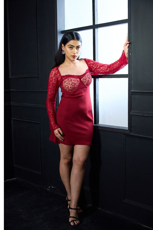 Lana Inspired: Sexy Cherry Red Lace Mini Dress with Long Sleeves - Swain couture