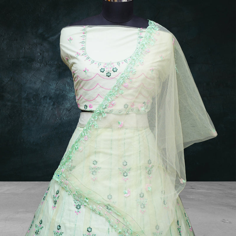 Light Green Net Lehenga Choli Set with Sequin Embroidery - Swain couture