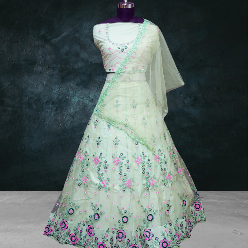 Light Green Net Lehenga Choli Set with Sequin Embroidery - Swain couture