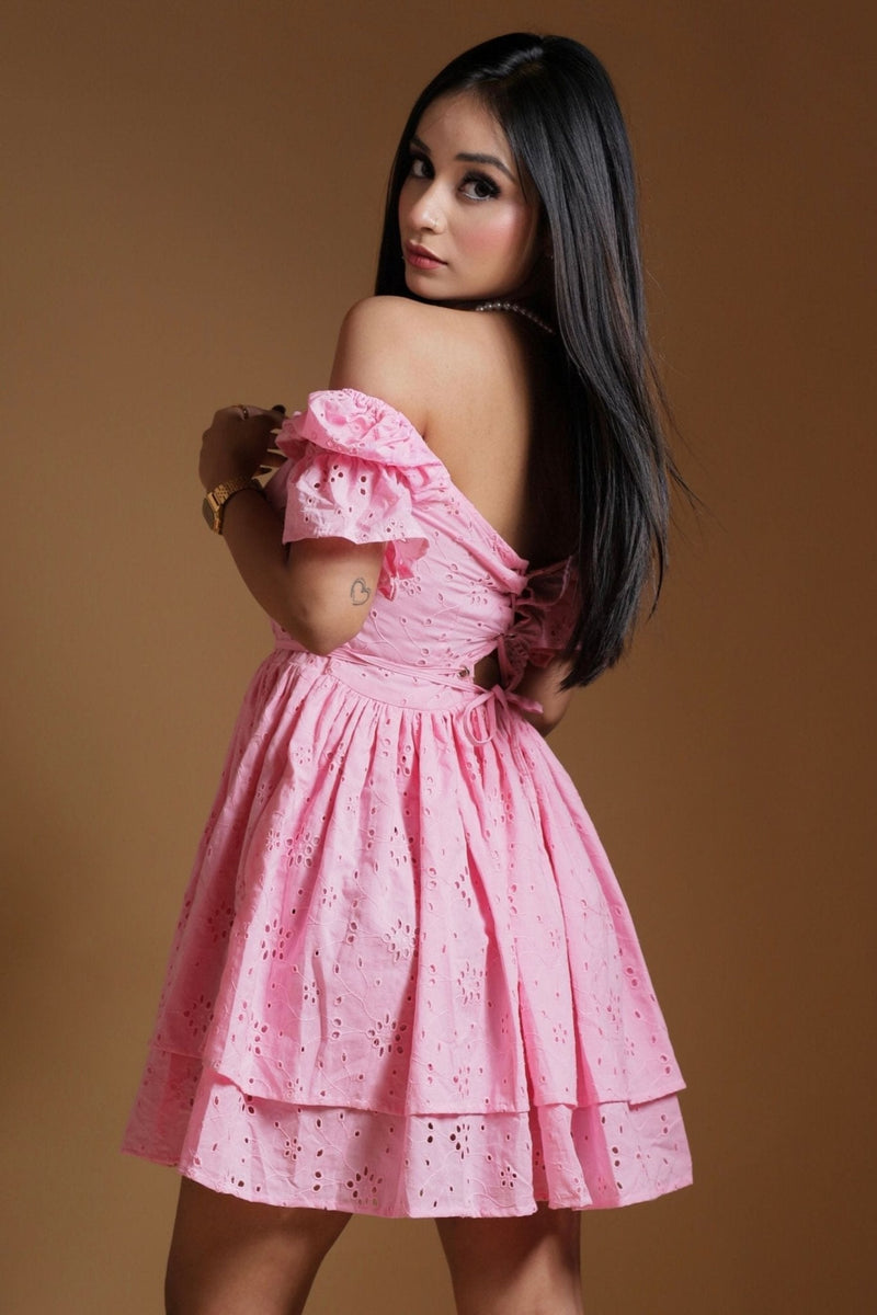 Lotus Whisper: Baby Doll Pink Summer Fit and Flare Short Dress - Swain couture