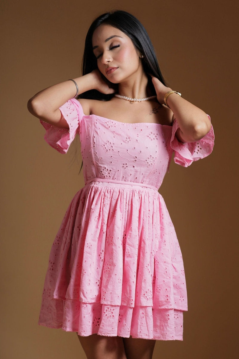 Lotus Whisper: Baby Doll Pink Summer Fit and Flare Short Dress - Swain couture