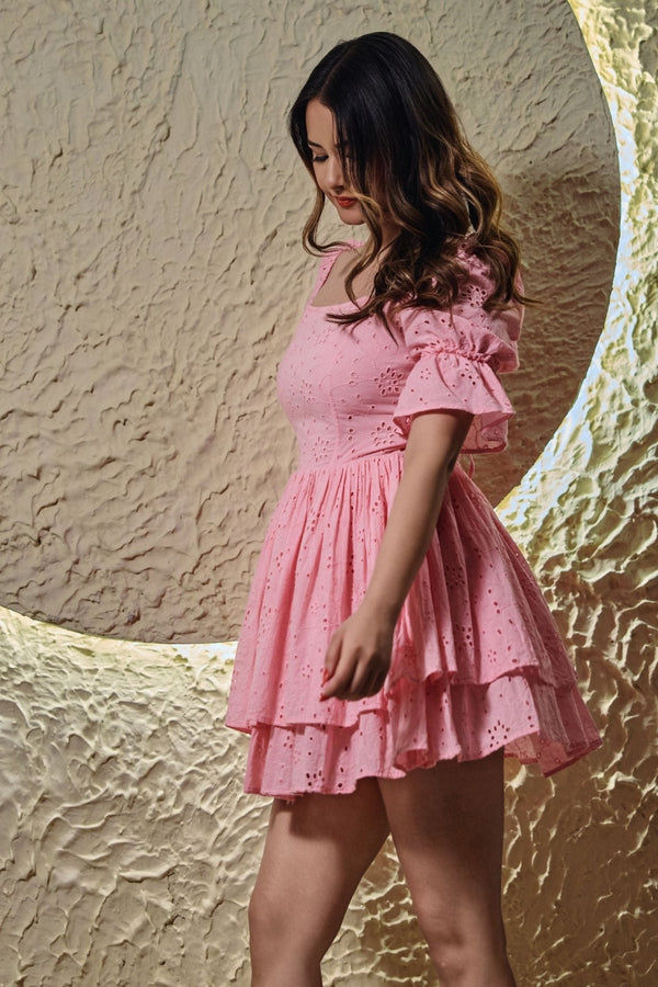 Lotus Whisper: Baby Doll Pink Summer Fit and Flare Short Dress - Swain couture