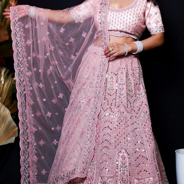 PINK POLYCARP AND NET LEHENGA SET WITH HEAVY MIRROR WORK - Swain couture