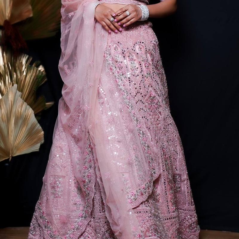 PINK POLYCARP AND NET LEHENGA SET WITH HEAVY MIRROR WORK - Swain couture