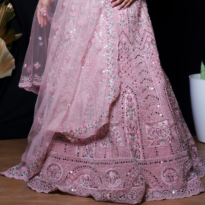 PINK POLYCARP AND NET LEHENGA SET WITH HEAVY MIRROR WORK - Swain couture