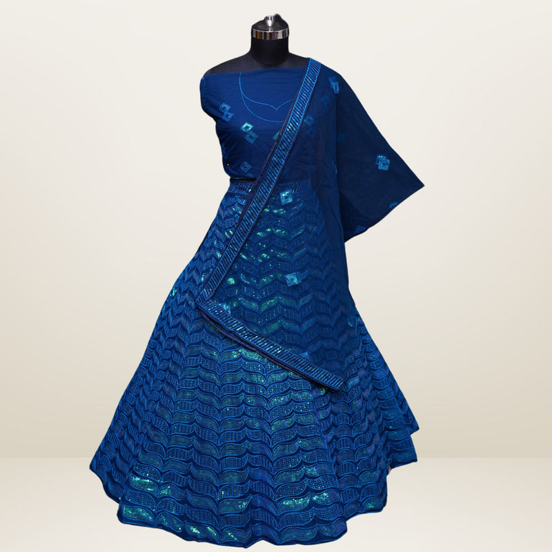 Royal Blue Net and Santoon Lehenga Choli Set with Sequin Embroidery - Swain couture