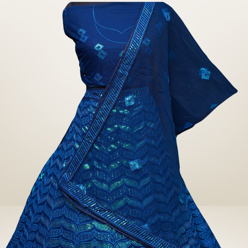 Royal Blue Net and Santoon Lehenga Choli Set with Sequin Embroidery - Swain couture