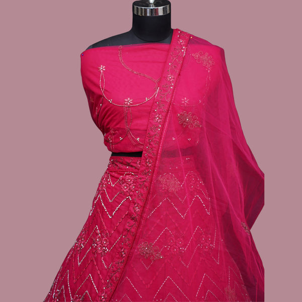 Ruby Pink Zari Embroided Lehenga - Swain couture